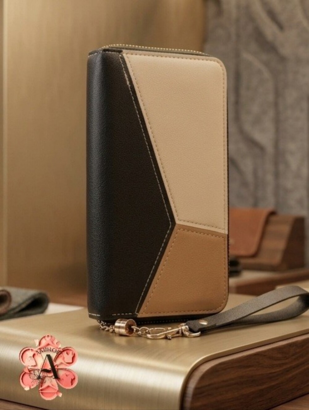 2x1 BOGO Chic Colorblock Zip Around Wristlet Wallet - Black, Tan & Beige